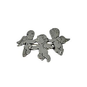 Vintage Pewter Cherub Angel Trio Brooch Pin Embossed Detail